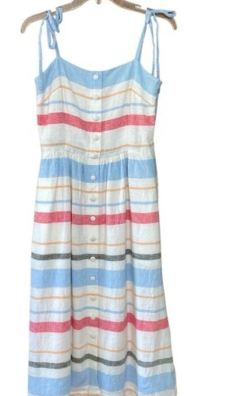 Gal Meets Glam Striped Button-Front Sundress, Pockets, Linen-Blend, Straps Sz: 2
